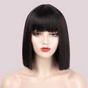 ENTRANCED STYLES Black Bob Wig with Bangs, Short Black Wig for Women Straight Bob Wigs Heat Resistant Synthetic wig Mia Wallace Cleopatra Cospaly Daily Party Use 12”