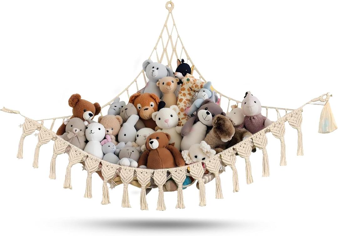 Extra Large Stuffed Animal Hammock with LED Lights 100% Natural Cotton Macrame Toy Storage Net for Plushies & Squishmallows Boho Macrame Corner Organizer for Kids Room or Nursery (Beige)