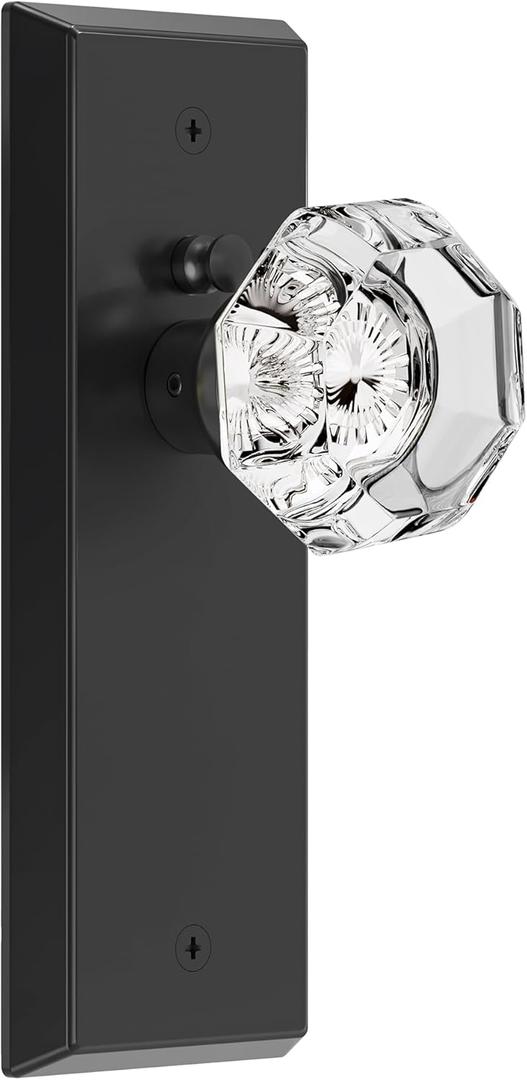Glass Door Knobs for Interior Doors - Vintage Crystal Privacy Bedroom & Bathroom Door Knob with Lock - Diamond Cut Door Handle - Matte Black Finish (1 Pack 7 Inch Height)