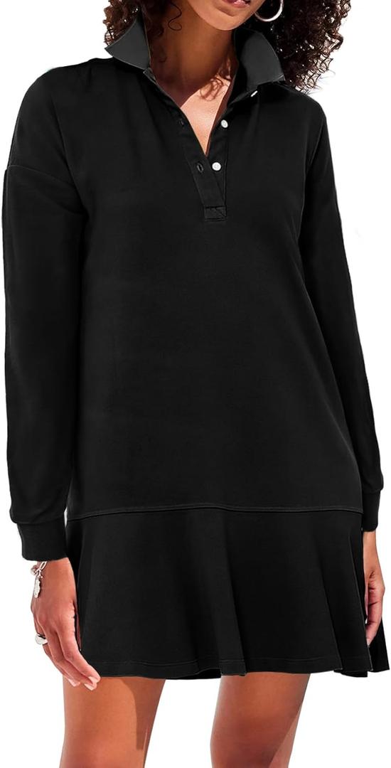 Women's Polo Dress Long Sleeve Collared V-Neck Ruffle Hem Mini Dresses for 2026 Spring, Black, M