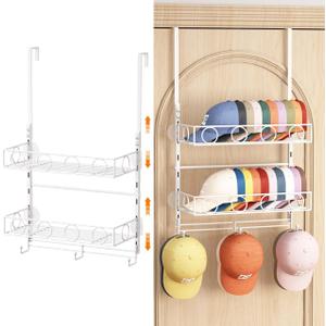 Over Door Hat Organizer 3 Tier Wall Mounted Hat Rack with 2 Adjustable Metal Basket and 3 Hooks Hat Organizer for Baseball caps Hat Hanger Holder Display for Door Closet, Cap Organizer Storage (White)