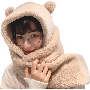 Women Kawaii Bear Ear Beanie Hat Scarf 2 in 1 - Cute Winter Warm Sherpa Thicken Fleece Fuzzy Japanese Fluffy Knit Hat Cap (7-7 1/8, Beige)