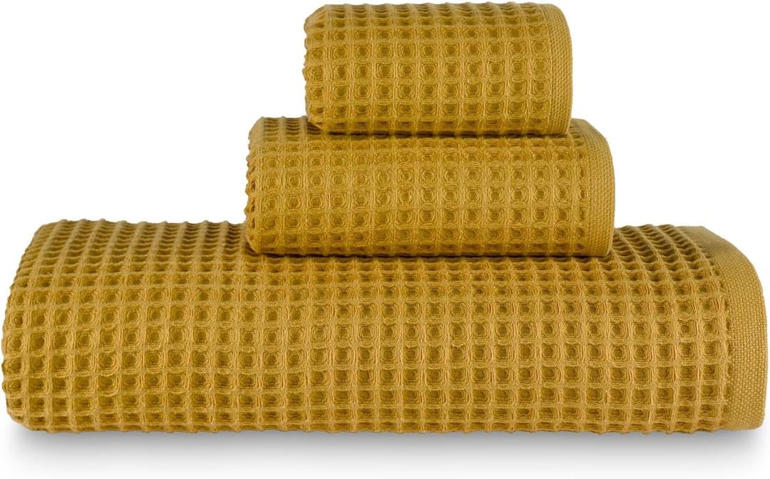 sea me at home Waffle Bath Sheet Set, 100% Turkish Cotton, Includes 1 Bath Sheet, 1 Hand Towel, 2 Face Towels (Mustard)