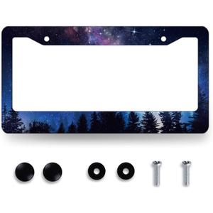 Galaxy Forest License Plate Frame Blue Purple Space Stars License Plate Personalise Colorful Stainless Steel Auto Parts Funny License Plate Beautiful Decoration with Screws 12.3"x6.3"