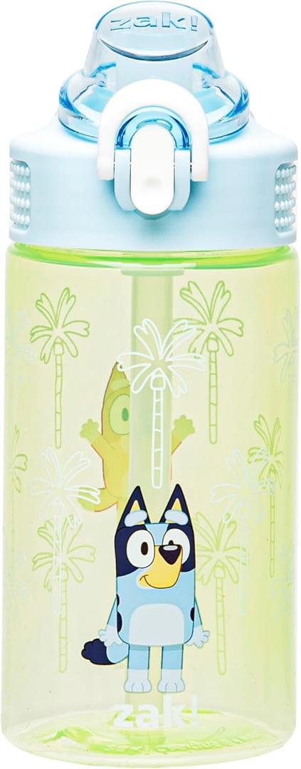 Zak Designs Bluey Sage Kids Water Bottle For School or Travel, 16oz Durable Plastic Water Bottle With Straw, Handle, and Leak-Proof, Pop-Up Spout Cover (Bluey & Bingo)