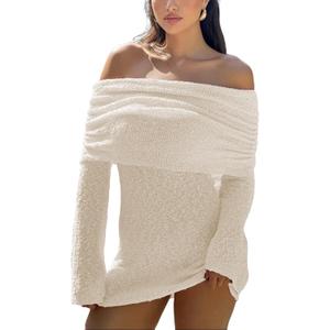 Unybwonn Women's Off Shoulder Mini Short Dress Bodycon Long Sleeve Crochet Sexy Going Out Mesh Elegant Sweater Dresses (Large, Beige)