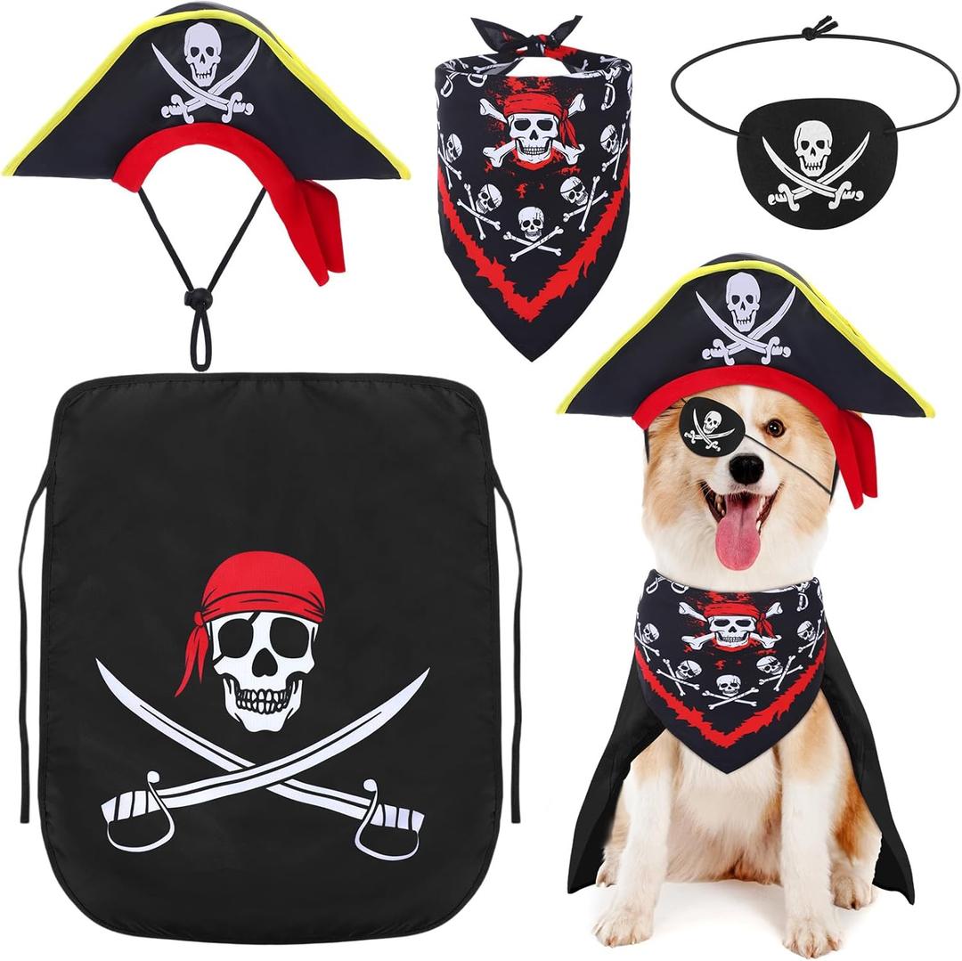 4 Pcs Dog Pirate Costume Set Dog Pirate Hat Pet Skull Triangle Bandana Puppy Cape and Eye Mask for Halloween Outfits Accessories (Black, Large)