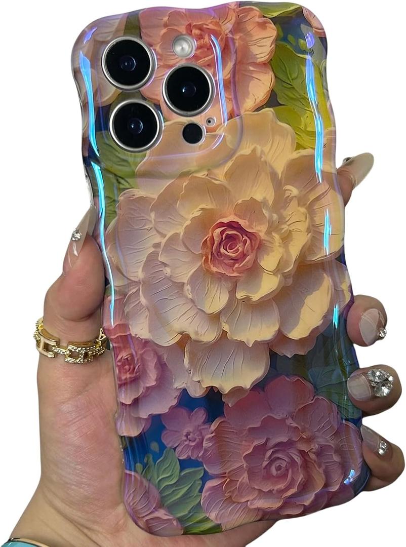 RoyMonkey Magnetic Case for iPhone 16 Pro Compatible with MagSafe - Aesthetic Aurora Flower Pattern - Full Camera Protection Wavy Glossy Phone Case Cover, Pink