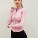 Tanming Women's Full Zip Seamless Workout Jacket Running Yoga Slim Fit Track Jacket (Pink)
