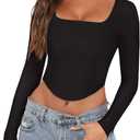 REORIA Womens Trendy Sexy Square Neck Long Sleeve Backless Y2K Going Out Boned Bustier Corset Crop Tops, Large
