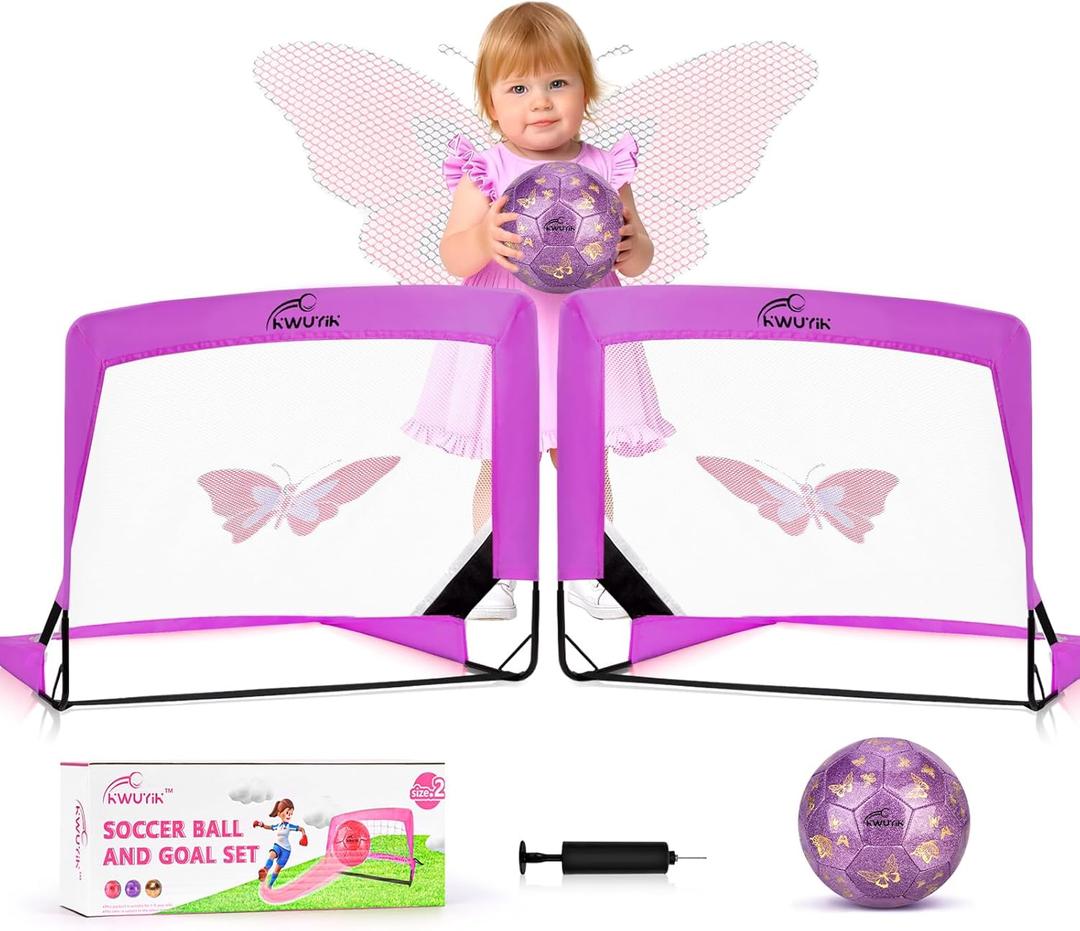 Kids Soccer Goal Set with Size 2 Purple Pink Glitter Butterfly Soccer Ball and Pump 2x1.5ft Portable Butterfly Print Soccer Nets for Toddlers Ages 3-5