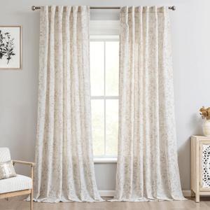 Brown Floral Curtains 84 inch Length Back Tab Farmhouser Living Room Light Filtering Curtains Brown Pattern Print on Cream White Linen Curtain Minimalist Aesthetic Sketch Style Vintage Room Decor (52"W x 84"L (Pack of 2))
