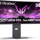 LG 34G600A-B 34-inch Ultragear WQHD (3440 x 1440) Curved Gaming Monitor 160Hz, AMD FreeSync Premium, HDR10, Built-in Speaker, Reader Mode, HDMI 2.1, DisplayPort, Tilt/Height/Swivel Stand, Black