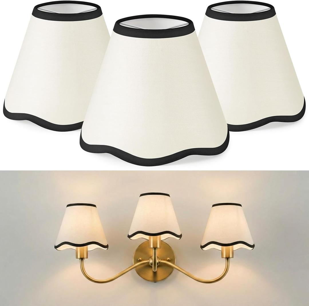 VIHOSE Set of 3 2.9" Top x 5.9" Bottom x 5.1" Height Lamp Shade with Petal Edge Chandelier Shades Fabric Scalloped Lampshade for Floor Wall Lamps Table Living Room Bedroom (Black Edge)