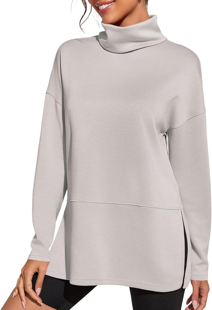 Fisoew Women's Turtleneck Oversized Sweatshirt Casual Long Sleeve Loose Side Slit Pullovers Tunic Tops (X-Large, Apricot)