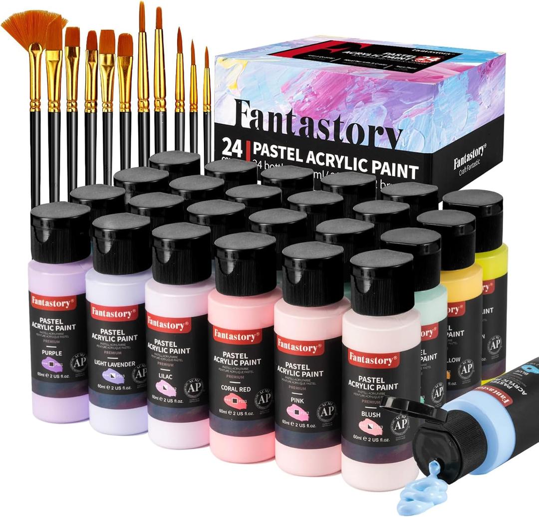 Fantastory Pastel Acrylic Paint Set, 24 x 2oz Creamy Pastel Colors +12 Brushes, Exceptional Coverage, Craft Painting Kit, for Canvas/Rock/Ceramic/Model/Wood,Painters,Instructors. [Professional Series]