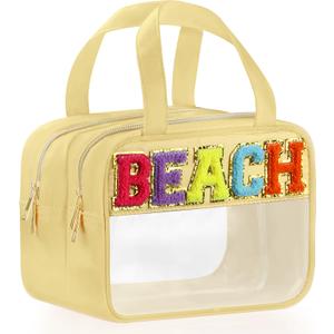 Chenille Letter Travel Makeup Bag, Preppy Patch Nylon Clear Cosmetic Tote with Handle and Zipper, Waterproof Large Snack & Stuff Bag Toiletry Storage Pouch for Women Girls (Beige-Beach) Chenille Letter Travel Makeup Bag, Preppy Patch Nylon Clear Cosmetic Tote with Handle and Zipper, Waterproof Large Snack & Stuff Bag Toiletry Storage Pouch for Women Girls (Beige-Beach)