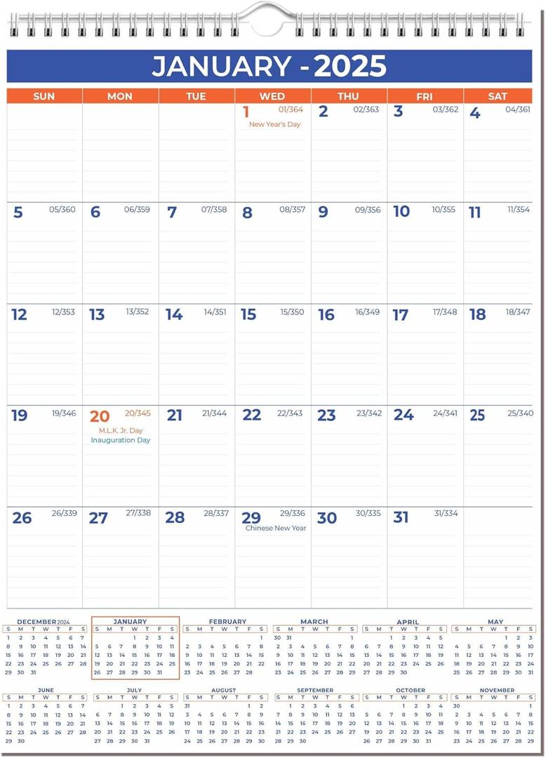 6 x 2025 Wall Calendar - January 2025 - December 2025, 12 Monthly Hanging Calendar, 2025 Planner, A4 Size 8.5" x 11", Spiral Binding, Holidays, Julian Dates, Large Blocks, Twin-Wire Binding, Hanging Hook, (1 Pack) (White/Blue)