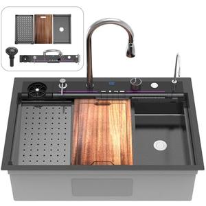 33inch Waterfall Kitchen Sink Metal Black -Feibus 33x22x10 Drop In Sink with Multifunctional Faucet Combo Workstation 16 Gauge Multifunctional Stainless Steel Single Bowl