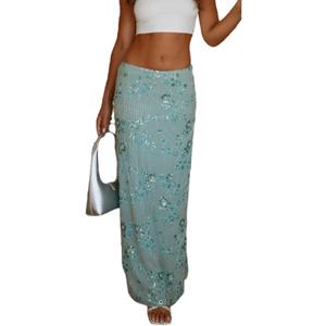 Women Y2K Sequin Long Skirt Sparkle Rhinestone Floral Maxi Skirt High Waist Glitter Midi Skirt Going Out