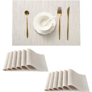 Leetaltree Pale Beige Placemats Set of 12 - Heat Resistant Non-Slip Place mats for Dining Table, Washable Durable PVC Vinyl Woven Table Mats（Pale Beige, 12）