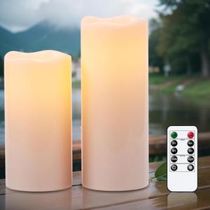 Eldnacele 8" 10"  4" Large Waterproof Outdoor Flameless Candles Remote and Timer, Battery Operated White Plastic LED Flickering Pillar Candles 2 Pack Dinner Wedding Porch Garden Lanterns Home Decor