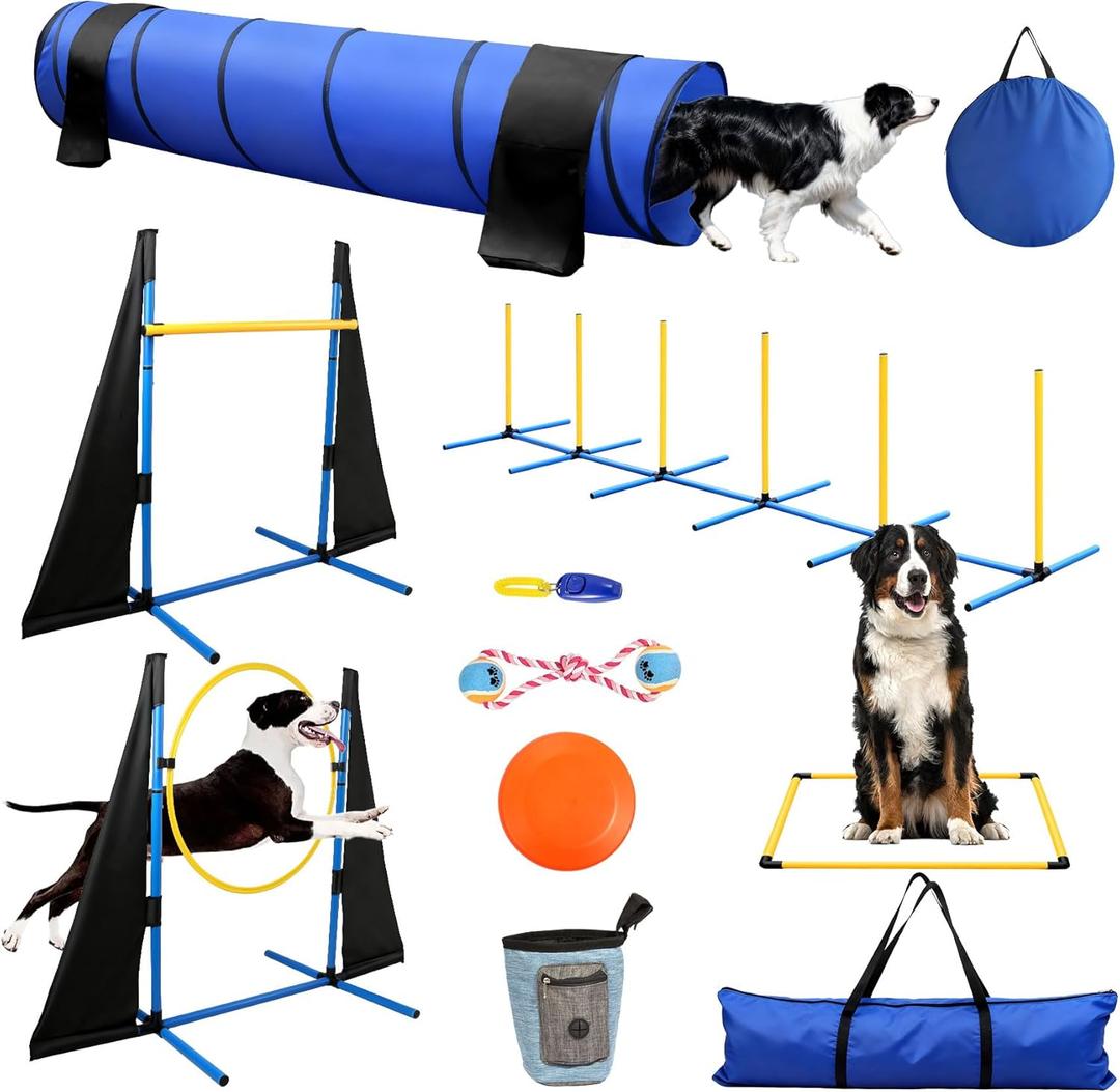 POPMOON Agility Training Equipment for Dogs,Dog Agility Equipment for Backyard&Indoor Training-Professional Backyard Course with Adjustable Jumps,Collapsible Tunnel,Storage Bags&Toys (11 Pcs)