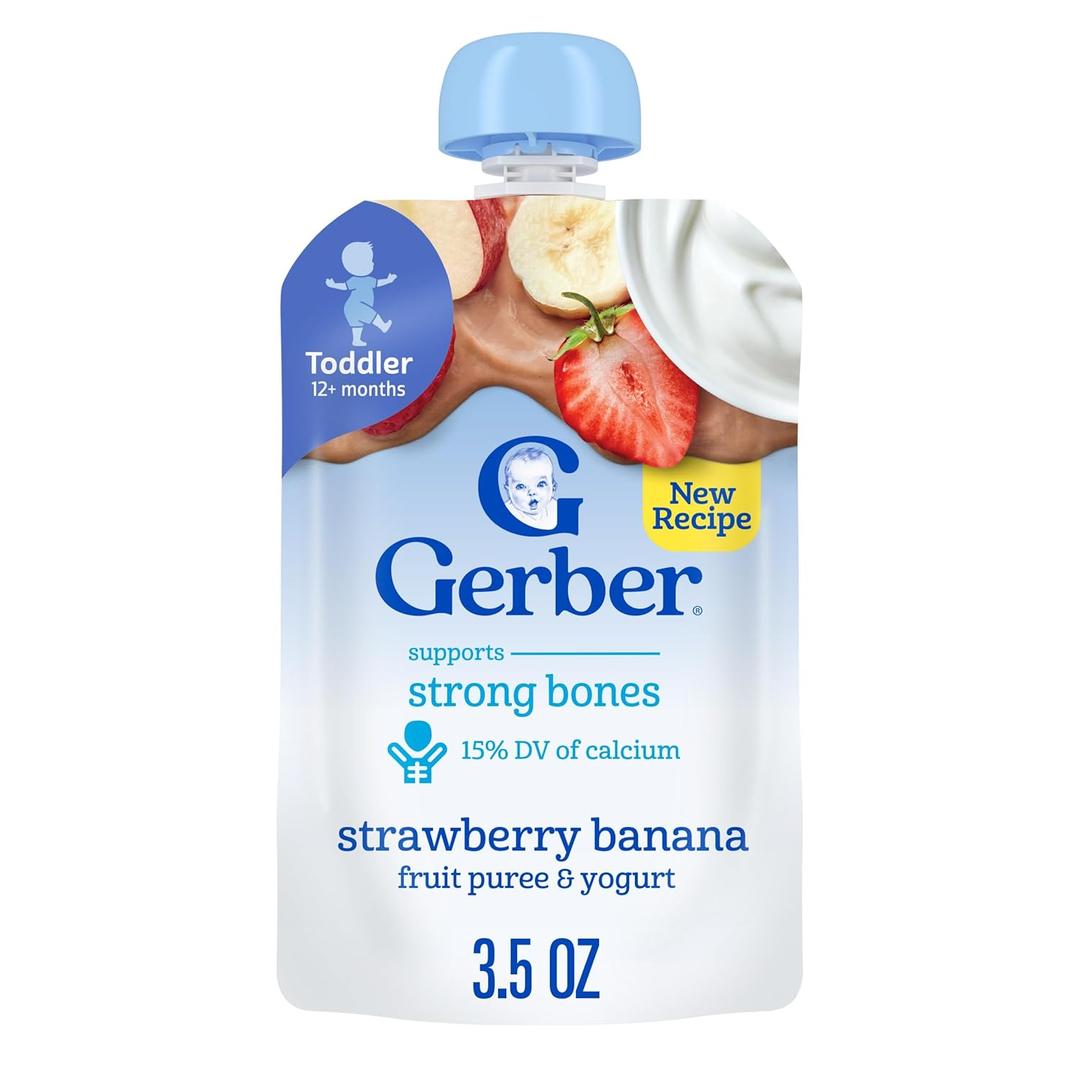 Gerber Toddler Food, Strawberry Banana, Fruit Puree and Yogurt Pouch. No Added Sweeteners, 12PK (EXP 01/31/27)