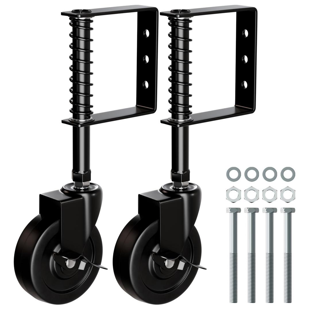 4" Heavy Duty Gate Caster with Side Brake, Spring Loaded Gate Wheels, Gate Caster Wheel with 360 Rotation for Wooden Gate Fence, Metal Tube Gate, 220 Lbs Capacity, Black, 2 Pack