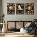 3pcs Celestial Sun and Moon Canvas Wall Art Crescent Moon Tarot Picture Botanical Wildflowers Painting Posters Astrology Gothic Print Aesthetic Artwork for Living Room Bedroom Decor 12x16in canvas (16L" x 12W")