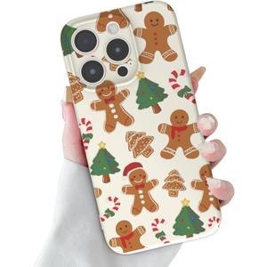 Christmas Case for iPhone 15 Pro Max Case Cute Xmas Merry Christmas Tree Gingerbread Man Pattern Santa Holiday Aesthetic Gifts Girly Girls Women Kids Soft TPU Protective Cover, Beige