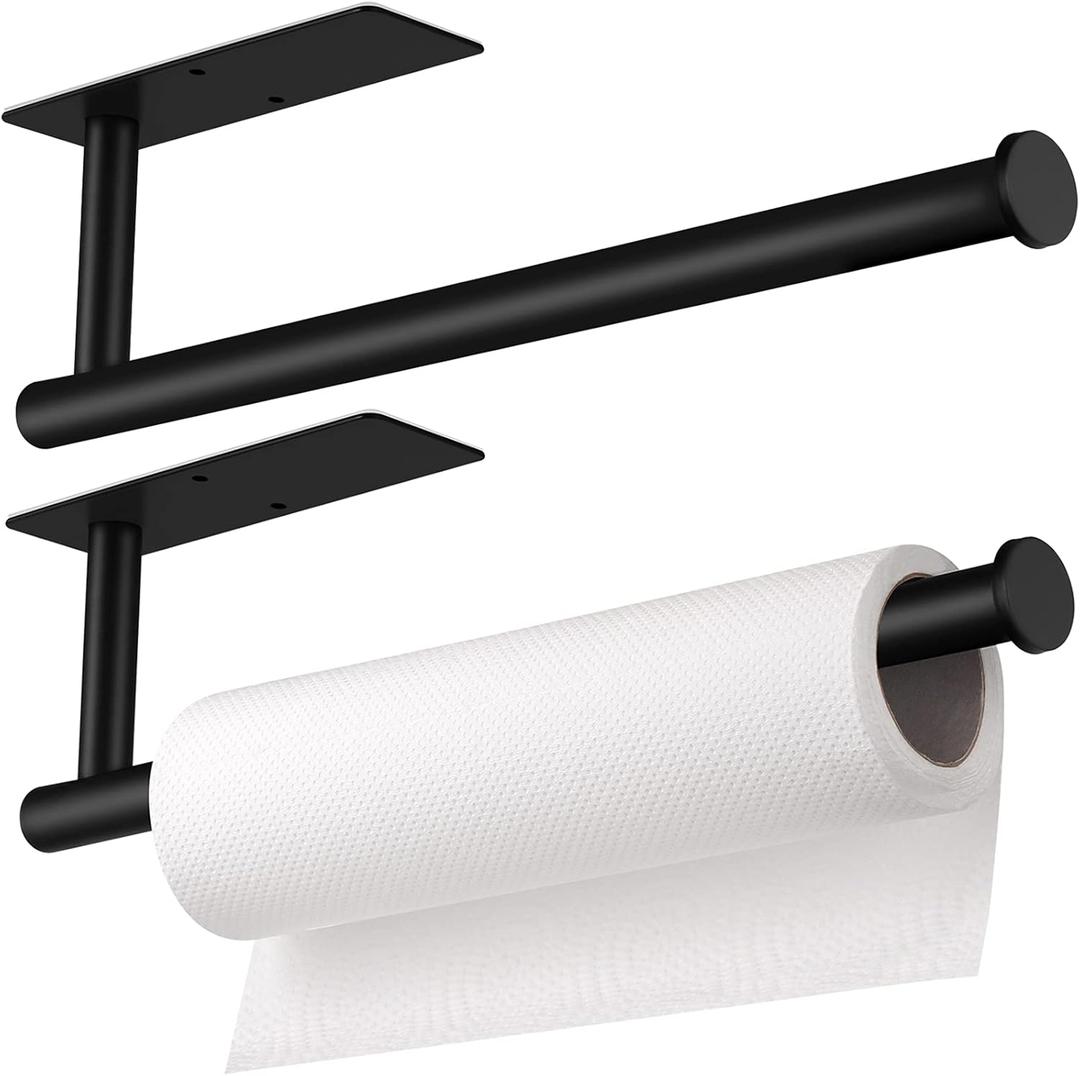 2-Pack Matte Black Paper Towel Holders - No Drill Adhesive Under Cabinet Set, Rust-Resistant for Kitchen & RV