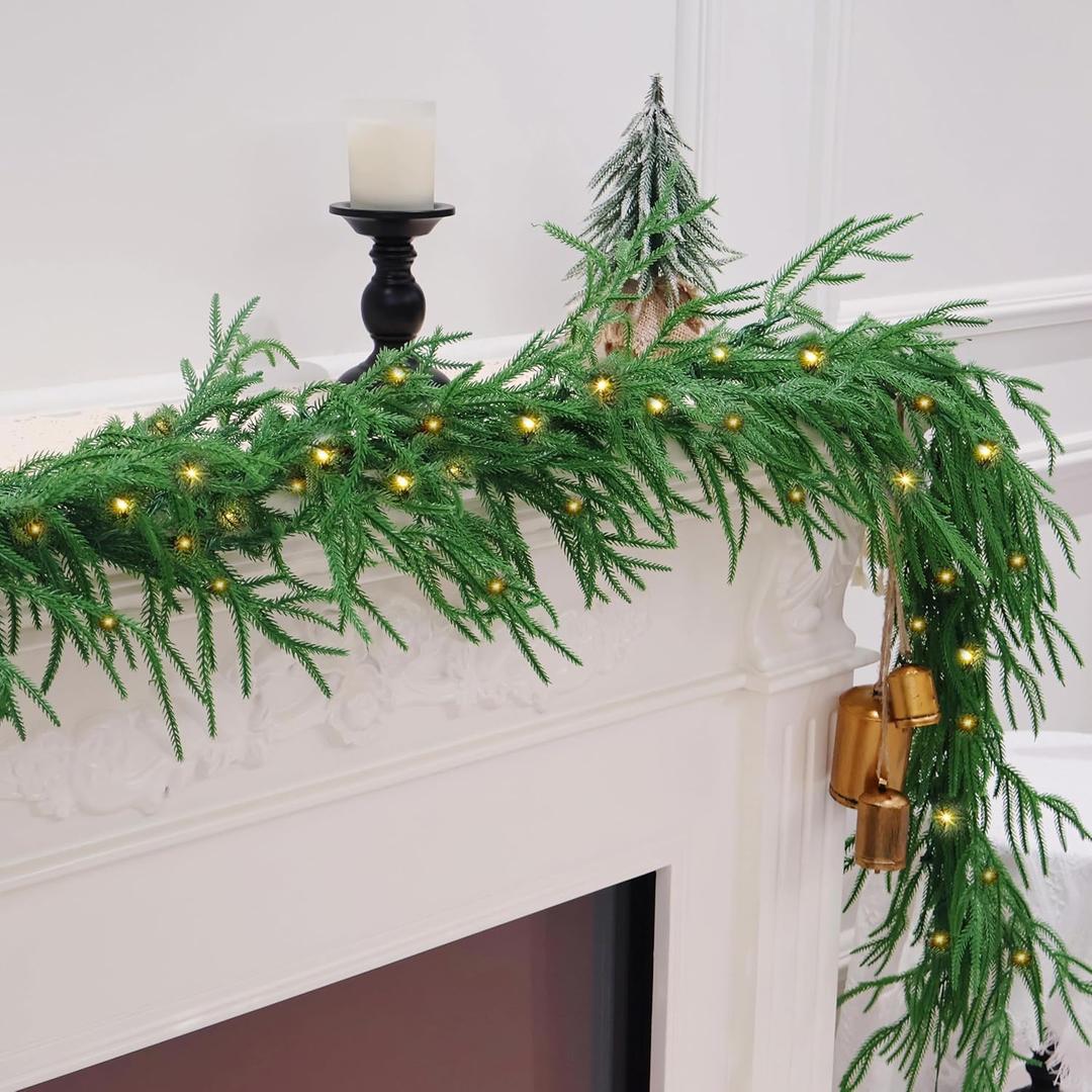 9FT Christmas Garland Prelit Real Touch Norfolk Pine Garland Artificial Realistic Greenery Garland for Mantle Fireplace Table Centerpiece Indoor Outdoor Home Decor