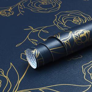 Safiyya 196"x17.3" Peel and Stick Wallpaper Gold and Blue Contact Paper Floral Wallpaper Self Adhesive Removable Wall Paper for Bedroom Covering Vinyl Rolls