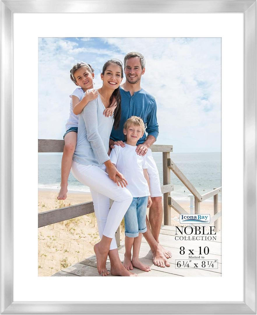 Icona Bay 8x10 Silver Picture Frame w/Mat, Modern Professional Frame, Noble Collection