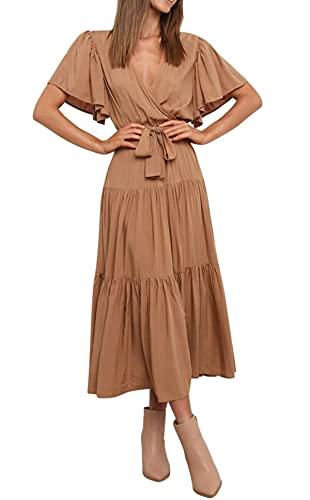 R.Vivimos Summer Dress for Women Cotton Ruffle Short Sleeves V Neck Casual Flowy Midi Dress with Belt (Medium, Brown-Shortsleeve)