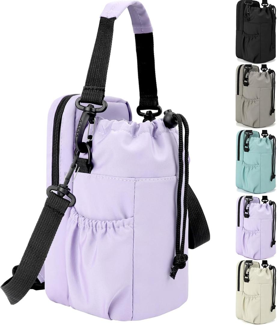 Water Bottle Holder with Strap, 32/40oz Insulation Water Bottle Carrier Bag with Phone Pocket, Water Bottle Sling Bag Crossbody Water Bottle Holder for Hiking Walking (Purple)