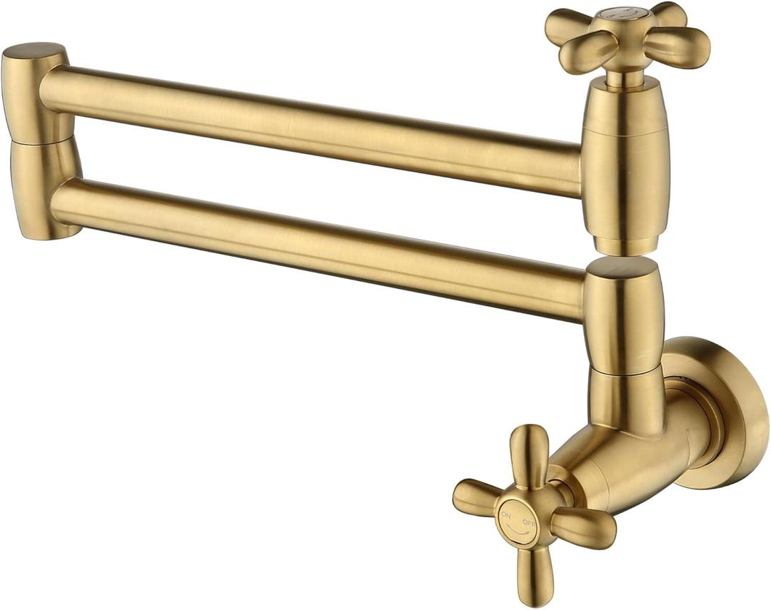 Pot Filler Faucet, Brushed Gold Kitchen Faucet Brass Wall Mounted Stretchable Folding Pot Fillers with Double Joint Swing Arm Single Hole 2 Cross Handles Extending Arm Stove Faucet, P82BG