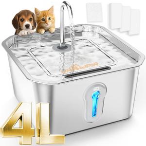 4L Large Capacity Cat Water Fountain Stainless Steel with 3 Filters Pet Water Fountain for Drinking Watering Supplies Pets Dog Small Animal Automatic Cat Water Dispenser for Cats Quiet Indoor