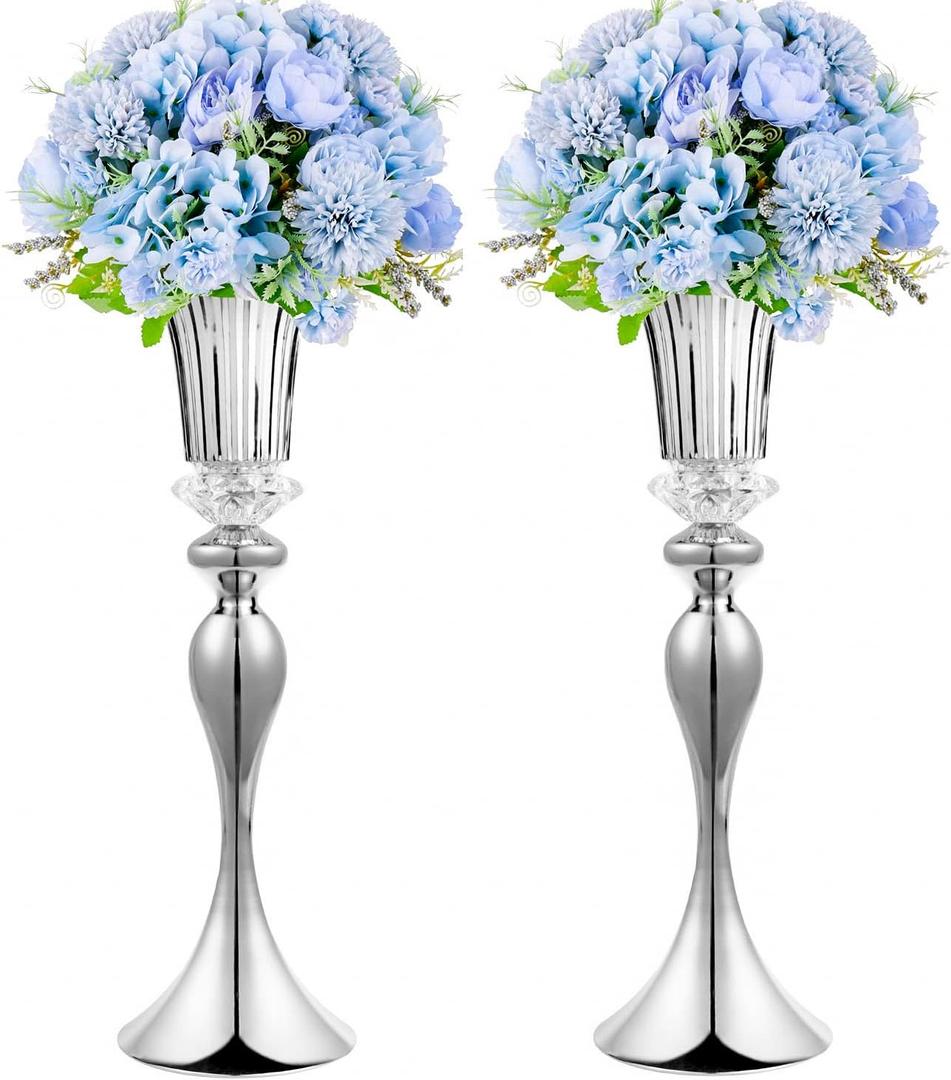 Metal Trumpet Wedding Flower Vases, 22" Tall Elegant Table Centerpiece Vases, Gold Flower Arrangement Stands for Anniversary Ceremony Birthday Party Event Wedding Home Decoration (Silver, 22"-2pcs)