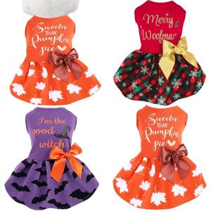 Abbylike 3 Pcs Seasonal Dog Outfits Christmas Halloween Thanksgiving Pet Costume Cotton Holiday Puppy Dress Lightweight Pet Apparel with Bowknot for Large Medium Cat Clothing, Medium