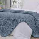 Bigacogo Chunky Knit Throw Blanket for Couch, 40x80 inches, 100% Hand Knitted with Thick Jumbo Chenille Yarn, Cozy Soft Large Rope Knot Cable Crochet Blankets for Sofa Bed Living Room, Cold Sea Blue