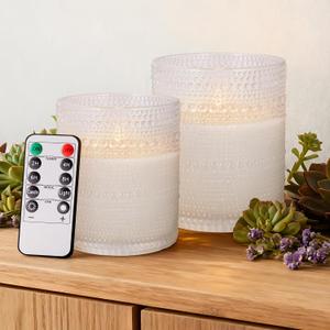 Dotted Glass Flameless Candles with Remote Timer, Real Wax Battery Operated LED Pillar Candles with 3D Flickering Flame for Festival Wedding Home Party Decor, 3" x 4", 4" x 5", Set of 2 (White)