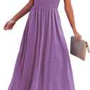 PRETTYGARDEN Women's Casual Summer Boho Maxi Dresses Spaghetti Straps Square Neck Solid Smocked Swing Long Beach Dress(Solid Purple, Small)
