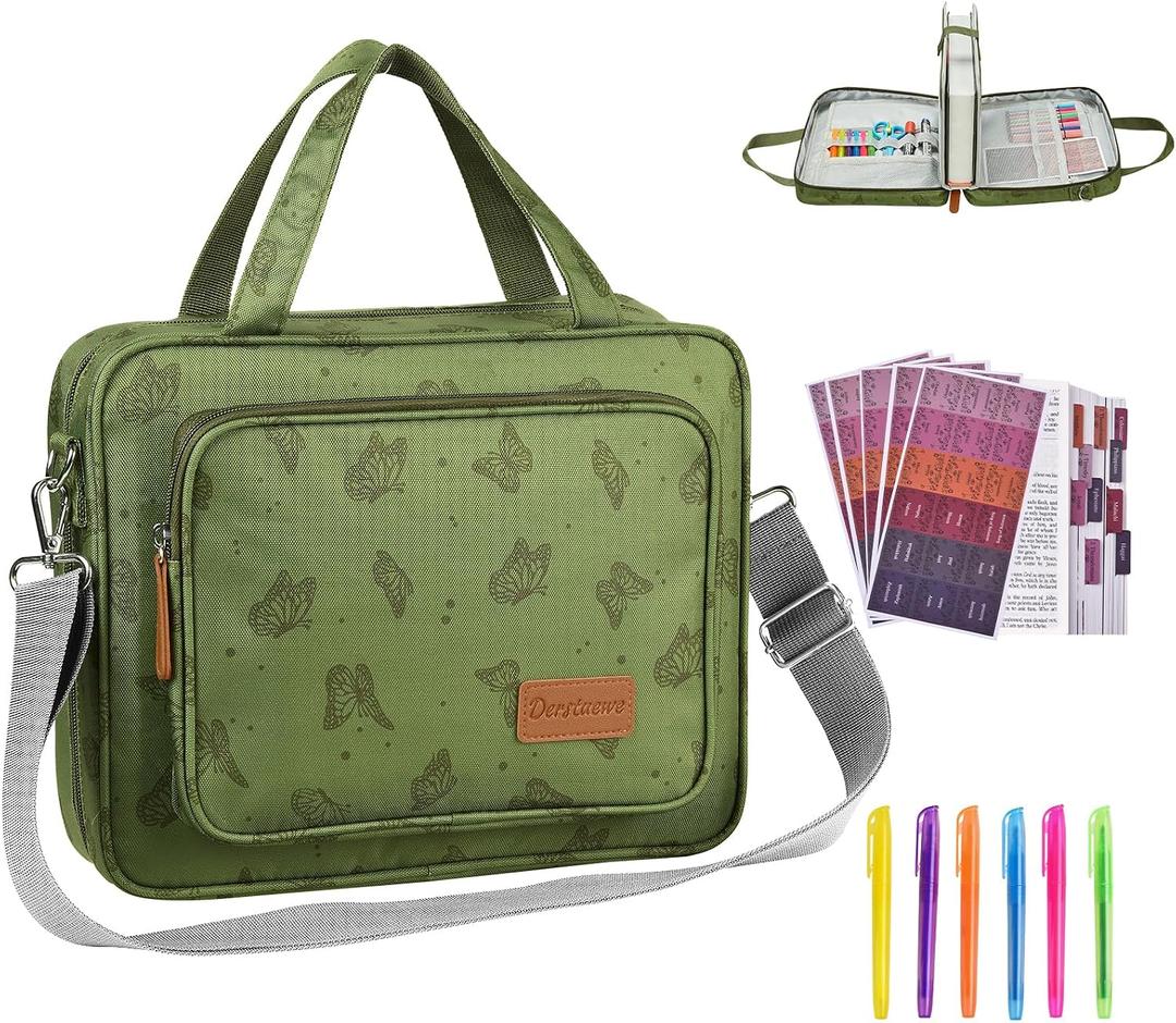 Bible Cover Case Deluxe with Gift Box - Water-Resistant Bible Cover Crossbody Bag for Large Print Bibles, Complete Study Kit with Bookmarks, Pens & Stickers, Green Butterfly