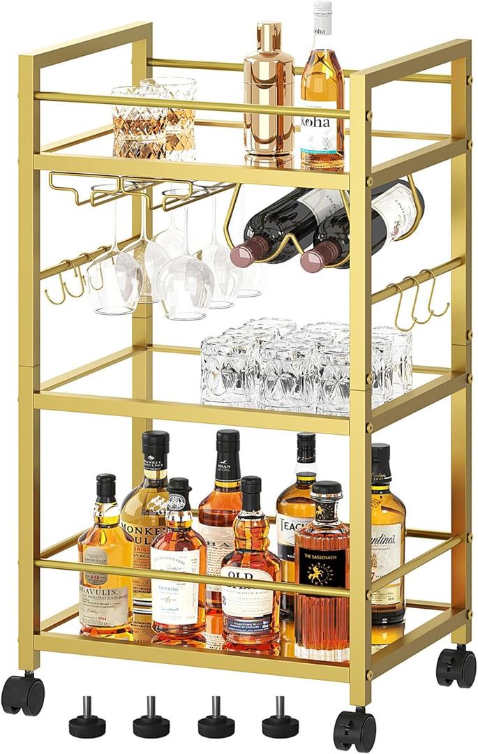 Bar Cart, Serving Cart for Home, Microwave Cart, Drink Cart, Mobile Kitchen Shelf with Rack and Glass Holder, Rolling Beverage Cart for Dining Room, Gold