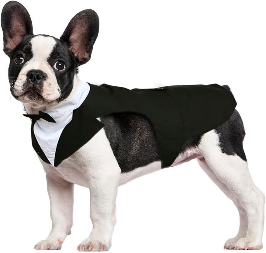Kuoser Dog Tuxedo Dog Suit and Bandana Set, Dogs Tuxedo Wedding Party Suit, Doggy Prince Bow Tie Shirt Formal Pet Wedding Attire for Small Medium and Large Dogs Golden Retriever Samo Bulldogs (Small (pack of 1), Black)