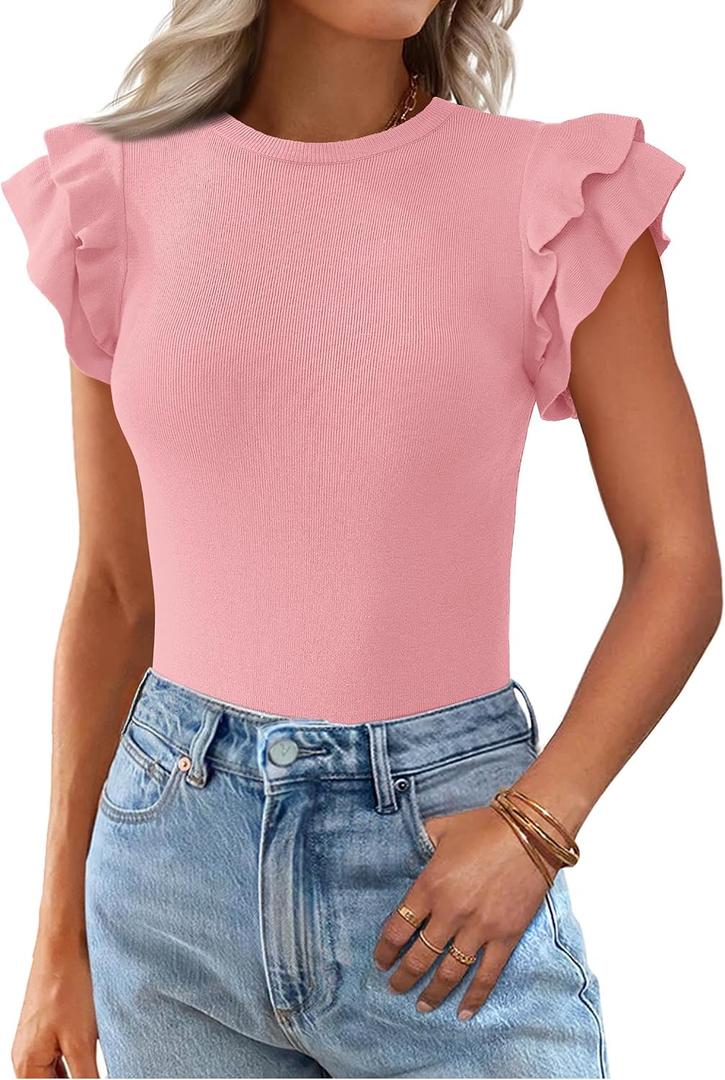 KIRUNDO Summer Sweaters for Women Lightweight 2025 Fall Ruffle Short Sleeve Business Casual Tops Slim Soft Knit T Shirts (S)