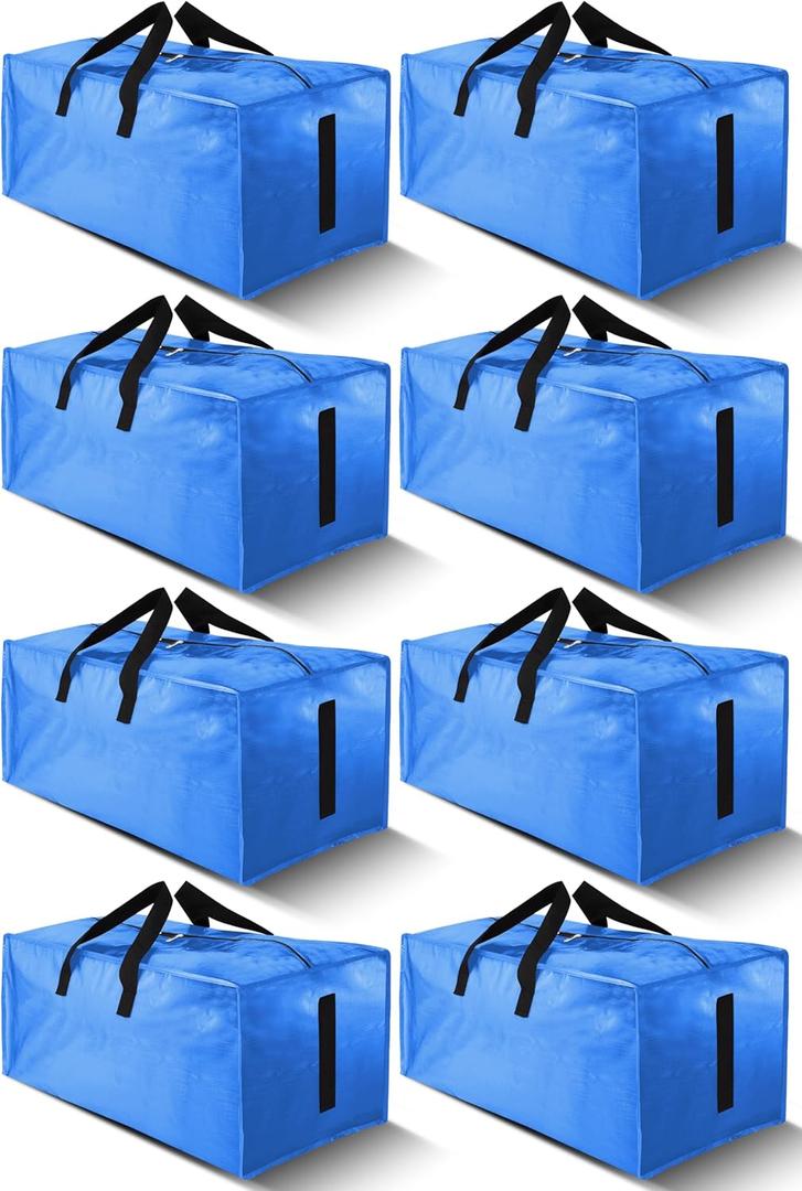 HOMESURE 8 Pack Large Strong Moving Bags with Zippers & Carrying Handles - Water-Resistant - Heavy Duty Storage Tote for Space Saving, Fold Flat, Alternative to Moving Box (Sky Blue)