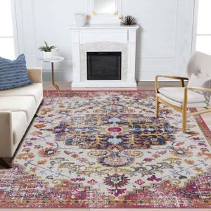 8x10 Washable Area Rug, Low-Profile Large Area Rug with Non-Slip Backing & Durable Edge Binding, Vintage Large Rugs for Living Room, Bedroom, Dinning Room